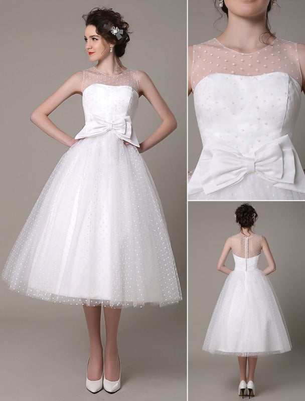 Tulle Wedding Dress Strapless A-Line Tea Length Bridal Dress With Bow misshow