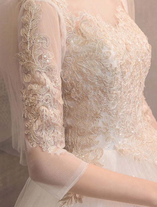 Tulle Wedding Dresses Princess Bridal Gown Illusion Collar Half Sleeve Floor Length Bridal Dress