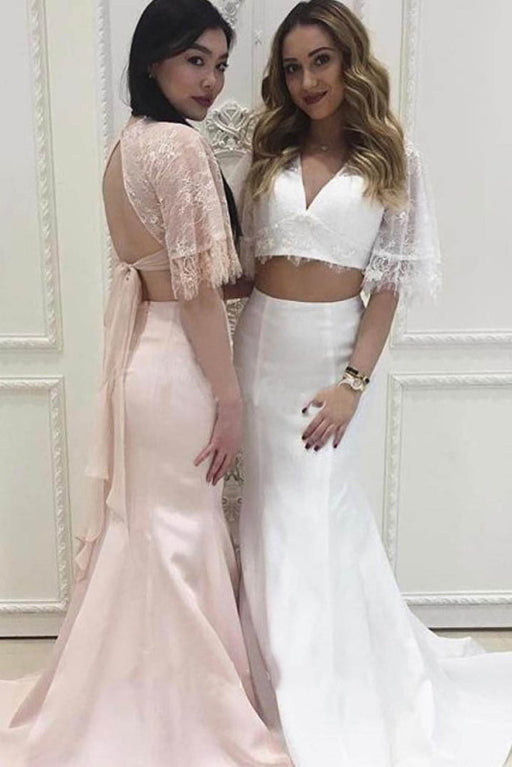 Two Beach with Lace 2 Piece Mermaid V Neck Wedding Dress - Wedding Dresses
