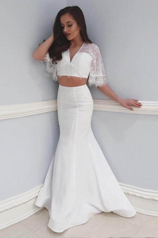 Two Beach with Lace 2 Piece Mermaid V Neck Wedding Dress - Wedding Dresses