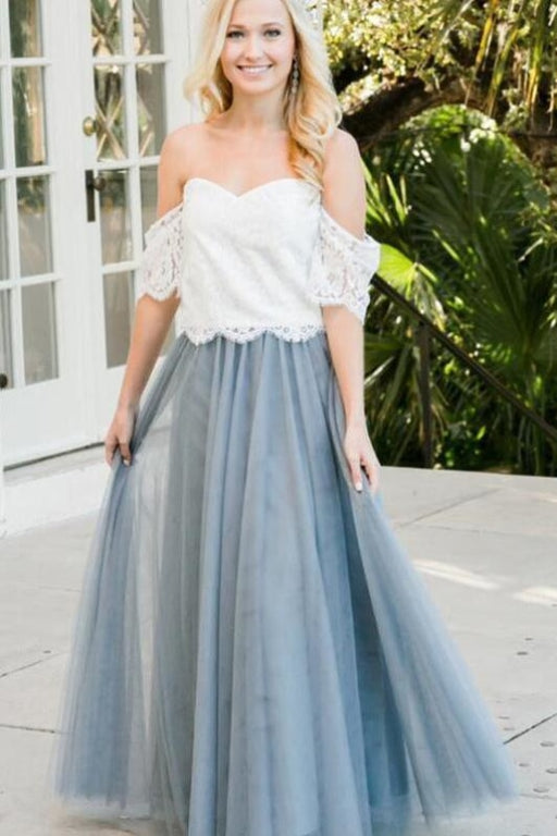 Two Floor Length Prom with Lace 2 Piece Off Shoulder Tulle Bridesmaid Dress - Prom Dresses
