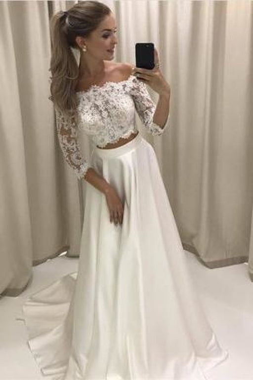 Two Piece 3/4 Sleeve Off the Shoulder Lace Satin Beach Wedding Dress - Wedding Dresses