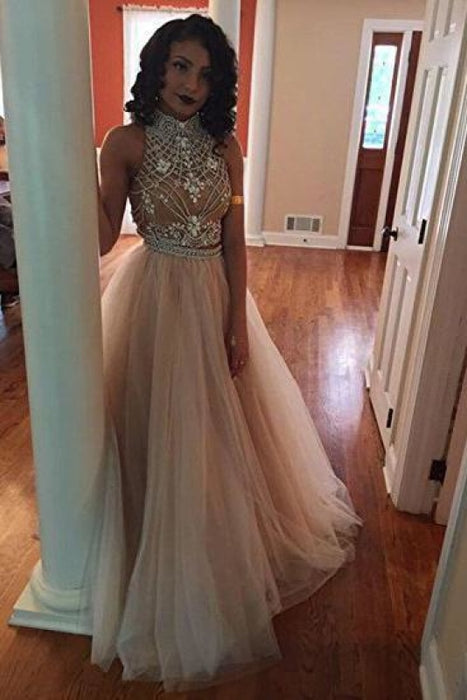 Two Piece A-Line Ivory Sleeveless High Neck Tulle Beading Long Prom Dresses - Prom Dresses