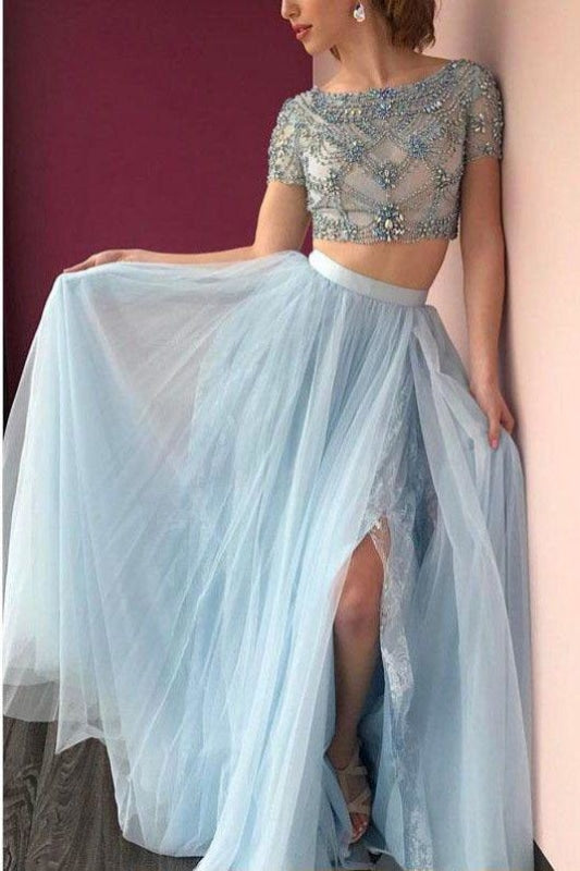 Two piece Bateau Short Sleeve Beading Light Blue Tulle Split Prom Dress with Lace - Prom Dresses