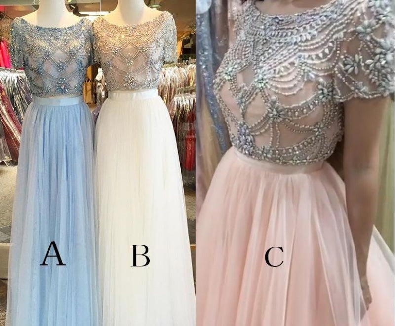 Two piece Bateau Short Sleeve Beading Light Blue Tulle Split Prom Dress with Lace - Prom Dresses