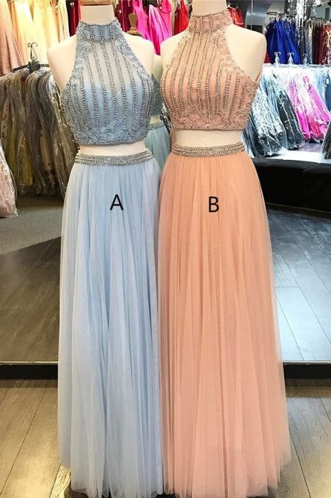 Two Piece Beaded High Neck Light Sky Blue Tulle Sleeveless Long Formal Dress - Prom Dresses
