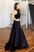 Two piece Black Satin Prom Dresses A-line Sleeveless Long Evening Dress - Prom Dresses