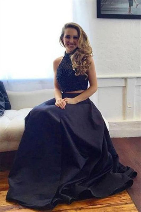 Two piece Black Satin Prom Dresses A-line Sleeveless Long Evening Dress - Prom Dresses