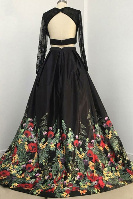 Two Piece Black Sleeve Formal Appliques Long Prom Dress - Prom Dresses