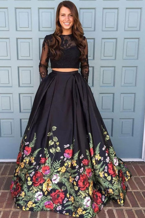 Two Piece Black Sleeve Formal Appliques Long Prom Dress - Prom Dresses