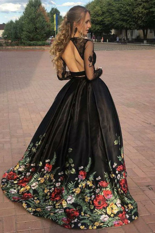 Two Piece Black Sleeve Formal Appliques Long Prom Dress with Lace - Prom Dresses