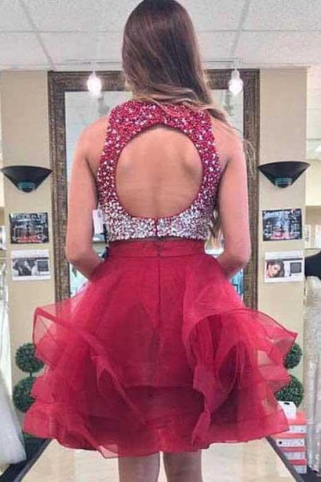 maroon two piece prom dress short Two Pieces Halter Homecoming Dress Burgundy Short Prom Dress Party Dress Promnova