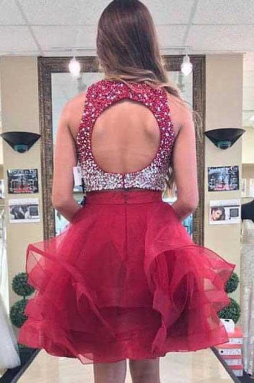 Two Piece Burgundy Homecoming with Open Back Sequined Short Prom Dress - Prom Dresses