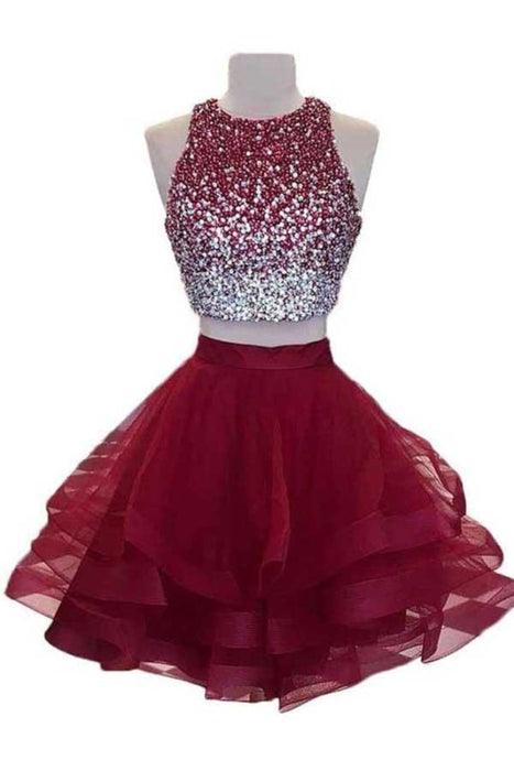 Two Piece Burgundy Homecoming with Open Back Sequined Short Prom Dress - Prom Dresses