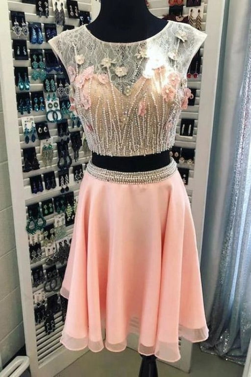 Two Piece Cap Sleeves Chiffon Homecoming Dress with Lace Beading and Flowers - Prom Dresses