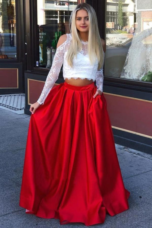 Two Piece Cold Shoulder Prom Dress with Lace Long Sleeve Red Satin Party Dresses - Prom Dresses