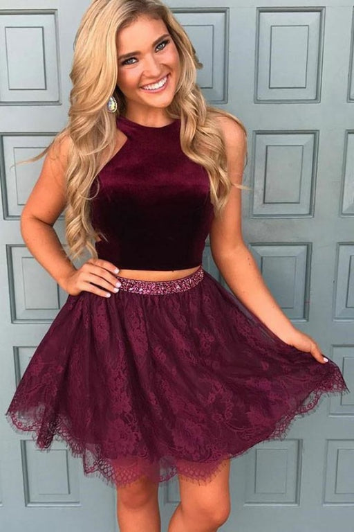 Two Piece Crew Short Burgundy Sleeveless Lace Homecoming Dress with Beading - Prom Dresses