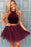 Two Piece Crew Short Burgundy Sleeveless Lace Homecoming Dress with Beading - Prom Dresses