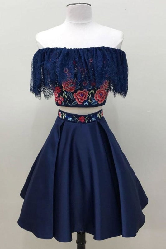 Two Piece Dark Blue Off the Shoulder Satin Homecoming Unique Party Dress with Lace - Prom Dresses