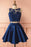 Two Piece Dark Blue Sleeveless Satin Short Homecoming Dress with Lace Appliques - Prom Dresses