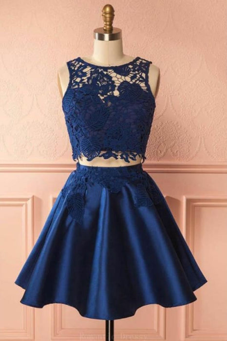 Two Piece Dark Blue Sleeveless Satin Short Homecoming Dress with Lace Appliques - Prom Dresses