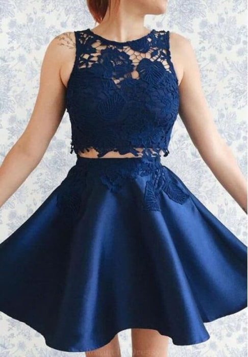 Two Piece Dark Blue Sleeveless Satin Short Homecoming Dress with Lace Appliques - Prom Dresses