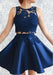 Two Piece Dark Blue Sleeveless Satin Short Homecoming Dress with Lace Appliques - Prom Dresses