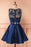 Two Piece Dark Blue Sleeveless Satin Short Homecoming Dress with Lace Appliques - Prom Dresses