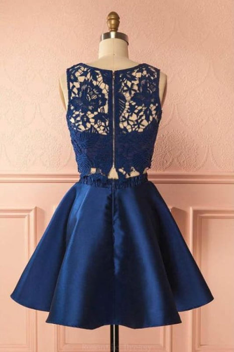 Two Piece Dark Blue Sleeveless Satin Short Homecoming Dress with Lace Appliques - Prom Dresses