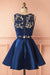 Two Piece Dark Blue Sleeveless Satin Short Homecoming Dress with Lace Appliques - Prom Dresses