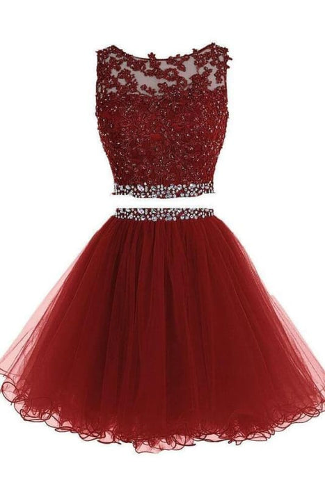 Two Piece Dresses A-line Tulle Appliqued Homecoming Gown with Beads - Prom Dresses