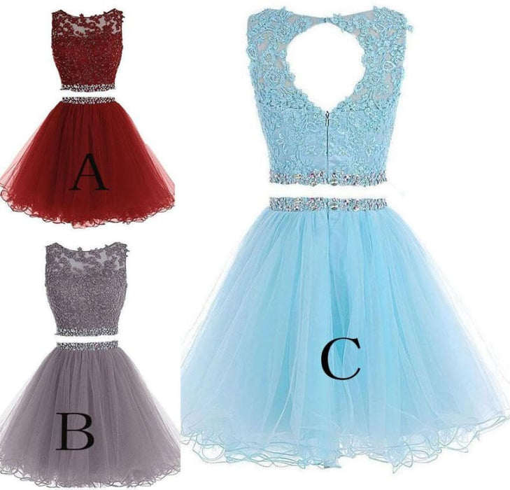 Two Piece Dresses A-line Tulle Appliqued Homecoming Gown with Beads - Prom Dresses
