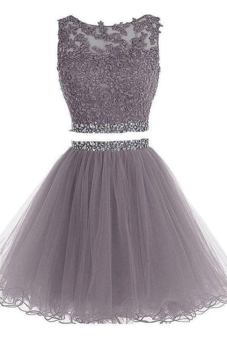 Two Piece Dresses A-line Tulle Appliqued Homecoming Gown with Beads - Prom Dresses