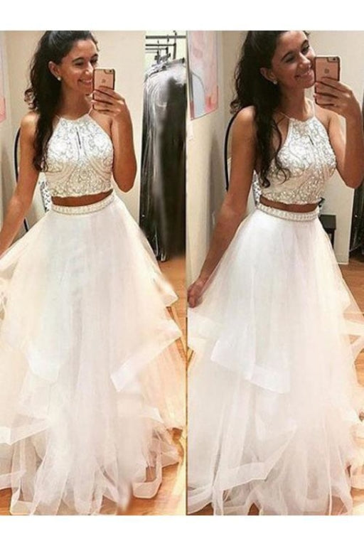 Two Piece Floor Length Dresses with Beading Cheap Prom Dress for Teens - Prom Dresses