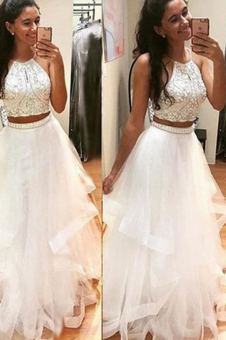 Two Piece Floor Length Dresses with Beading Cheap Prom Dress for Teens - Prom Dresses
