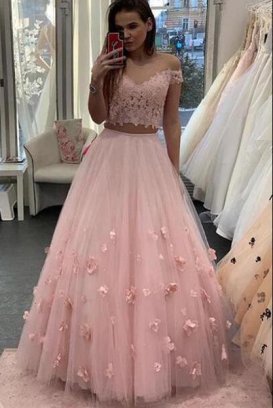 Two Piece Floor Length Tulle Prom Lace Long Off the Shoulder Dress with Flower - Prom Dresses