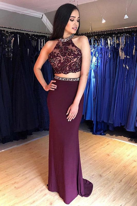 Two Piece Grape Mermaid Open Back Prom Long Beading Evening Dress - Prom Dresses