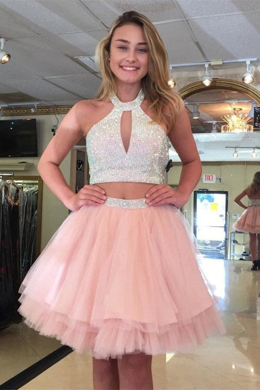 Two Piece Halter Above-Knee Pink Tiered Tulle Homecoming Dress with Beading - Prom Dresses