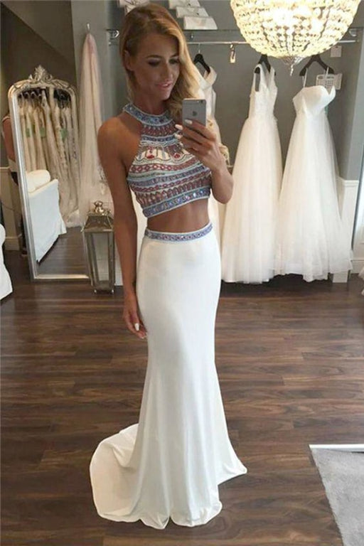Two Piece Halter Sleeveless Ivory Beaded with Sweep Train Prom Dress Long - Prom Dresses
