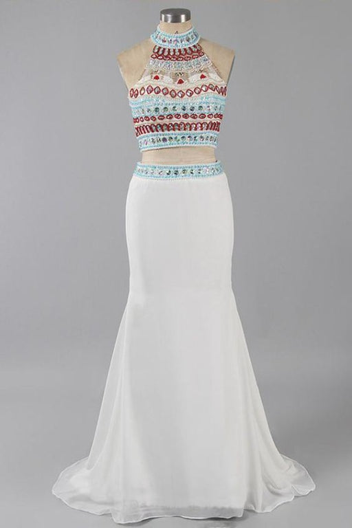 Two Piece Halter Sleeveless Ivory Beaded with Sweep Train Prom Dress Long - Prom Dresses