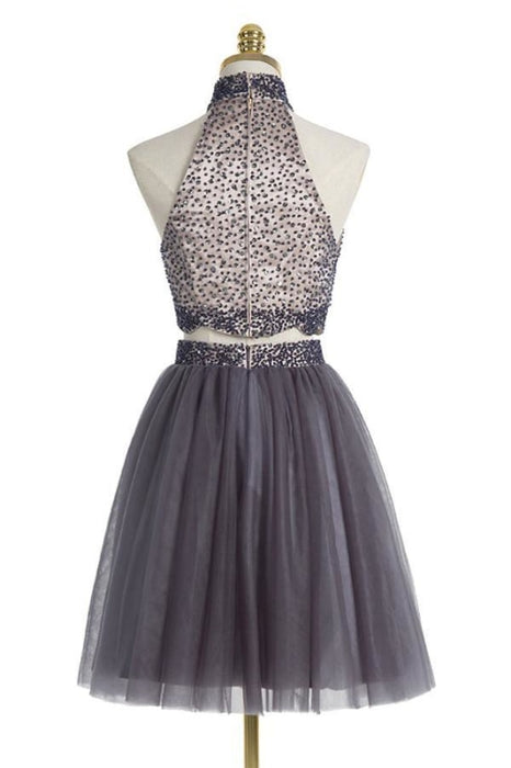 Two piece High Neck Gray Beading Homecoming Dresses - Prom Dresses