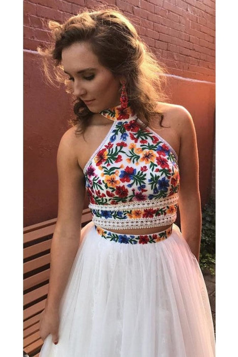 Two Piece High Neck Long Prom with Appliques Unique Sleeveless Party Dress - Prom Dresses