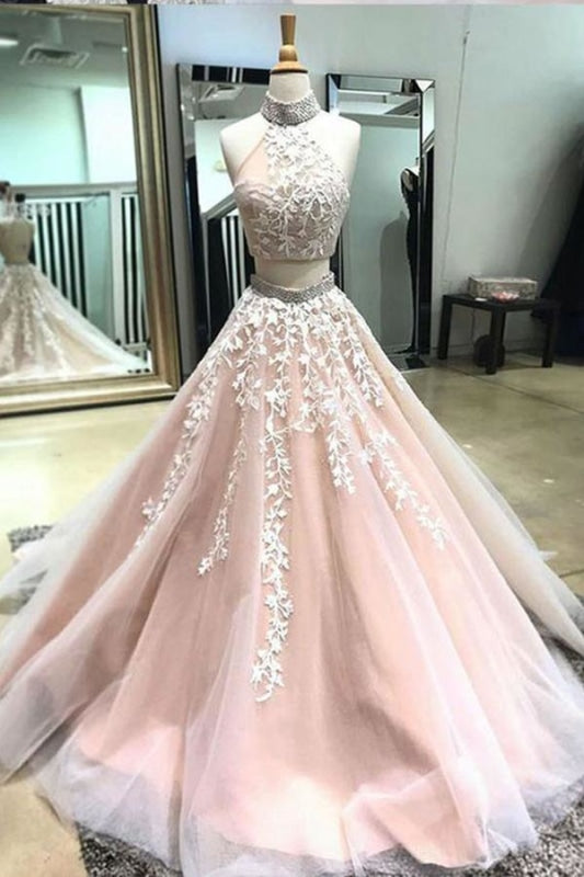 Two Piece High Neck Open Back Appliques Prom with Beads Long Formal Dress - Prom Dresses