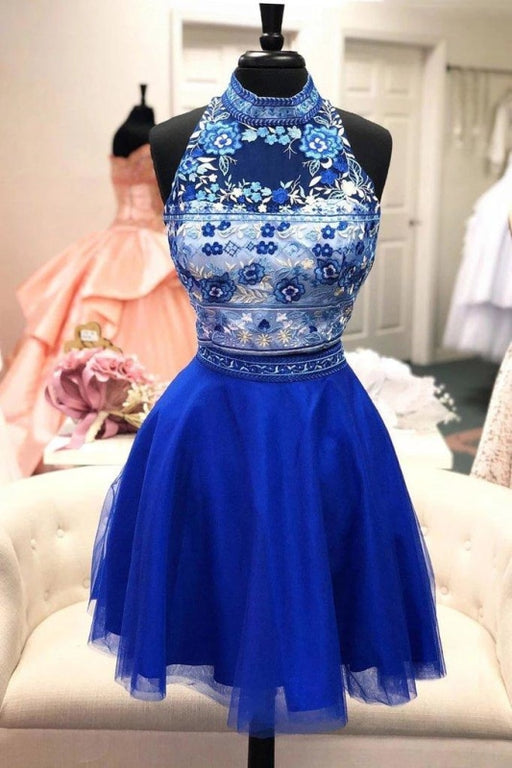 Two Piece High Neck Royal Blue Sleeveless Tulle Homecoming Dresses with Applique - Prom Dresses
