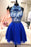 Two Piece High Neck Royal Blue Sleeveless Tulle Homecoming Dresses with Applique - Prom Dresses
