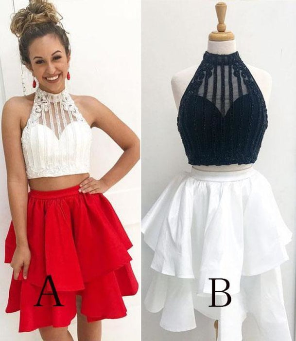 Two Piece High Neck Sleeveless Tiered Homecoming Dresses with Beads A-line Party Dress - Prom Dresses