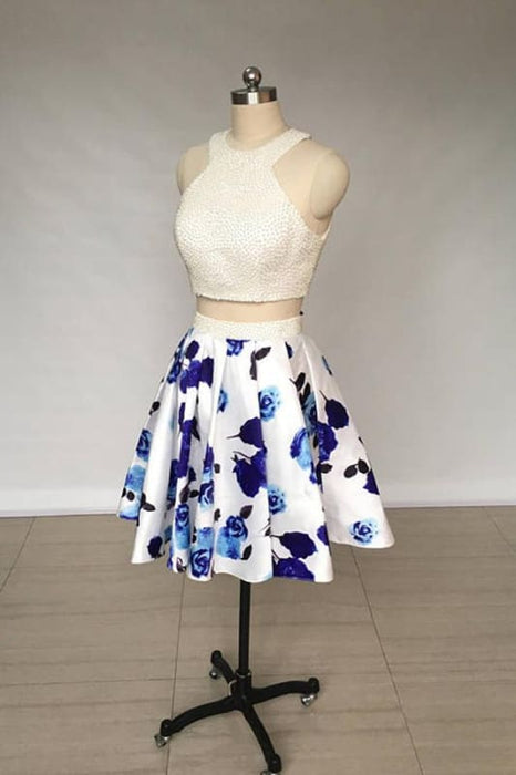 Two Piece Ivory Jewel Floral Print Satin Short Homecoming Dress with Pearls - Prom Dresses