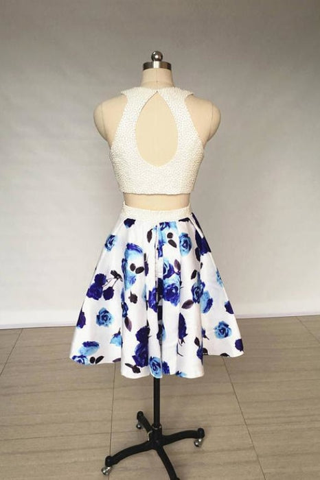 Two Piece Ivory Jewel Floral Print Satin Short Homecoming Dress with Pearls - Prom Dresses