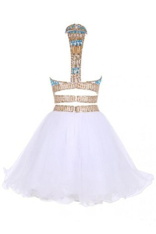 Two Piece Jewel Tulle Homecoming with Beads White Short Mini Prom Dress - Prom Dresses