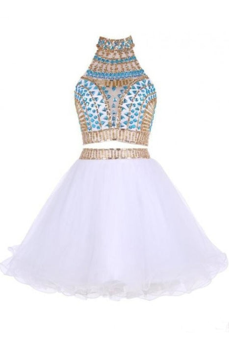 Two Piece Jewel Tulle Homecoming with Beads White Short Mini Prom Dress - Prom Dresses